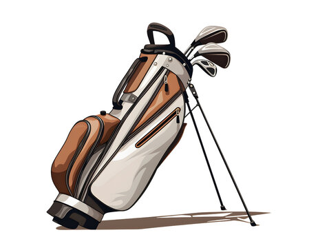 A premium set of golf clubs in a leather bag. Transparent image with no background. 