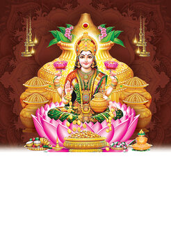 Calendar design of godess Mahalakshmi on colorful background wallpaper , God of wealth on lotus surrounded by wealth and kalash