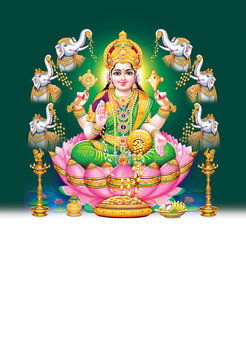 Calendar design of godess Mahalakshmi on colorful background wallpaper , God of wealth on lotus showered by white elephants