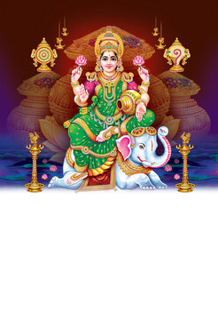 Calendar design of godess Mahalakshmi on colorful background wallpaper , God of wealth seated on white elephant
