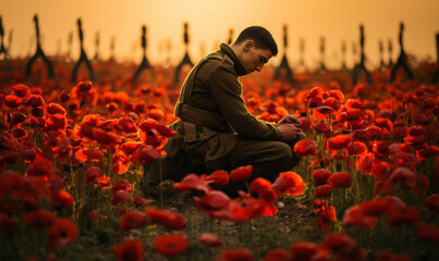 A soldier sitting in a field of poppies remembering those who lost their lives for peace during war - obrazy, fototapety, plakaty