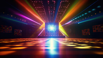 1970s disco, neon. POV shot from the stage. a bright spotlight shines directly on you