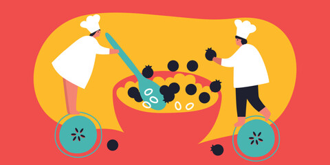 People cooking on kitchen table set vector flat illustration. Collection of various cartoon man, woman, couple and family preparing food.