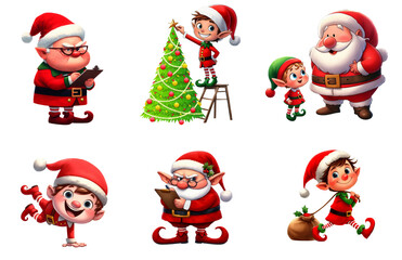 A set of cute Christmas Elves isolated on a transparent background