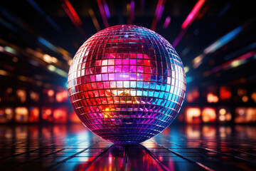 Obraz premium A concert dance stage of the 70s disco era with a shimmering disco ball and neon lights