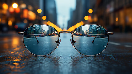Spectrum of Sight: Sharpness and Definition in Eyewear -  GLASSES, CITY, STREET, SKYSCRAPERS, FRAMES, CLARITY [created with generative AI technology] - obrazy, fototapety, plakaty