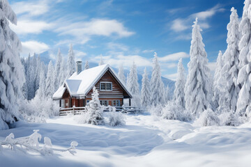 A snowy winter landscape with evergreen trees and a charming wooden cabin, evoking the serenity and...