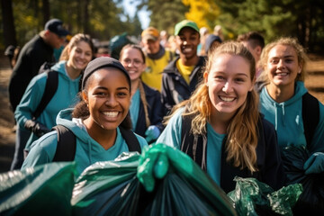 A team of young and diverse volunteer workers takes pleasure in participating in charitable outdoor work, involving the cleanup of garbage and waste separation projects. Generative Ai. - obrazy, fototapety, plakaty