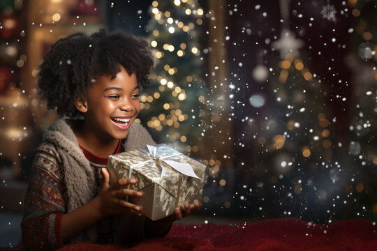 Cheerful African American girl delighted by christmas present, surrounded by magical christmas lights in cozy indoor setting