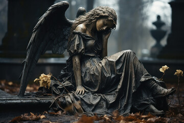 Fototapeta premium The image provides a background with a fragment of a sorrowful angel statue in a cemetery, creating a context for a funeral ceremony. Generative Ai.