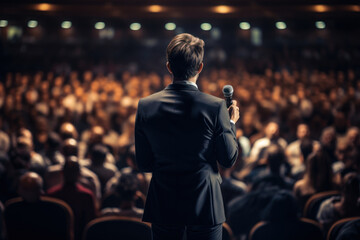 A motivational speaker stands on stage in front of an audience, delivering an inspirational speech during a conference or business event. Generative Ai. - obrazy, fototapety, plakaty