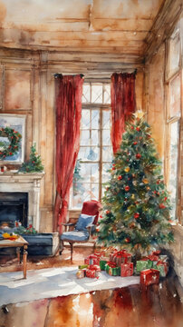christmas tree with fireplace, painting, Christimas decoration, xmas, candles, realistic, balls, snow, neve, tree, blank space, write, leaves, tree lights, árvore natal, beautiful, Generative AI