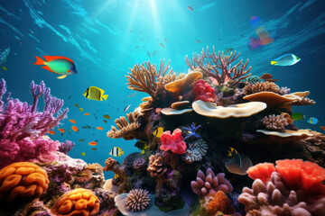 A vibrant coral reef teems with colorful marine life, illustrating the wonders of underwater ecosystems. Coral reef and marine biodiversity. Generative Ai.