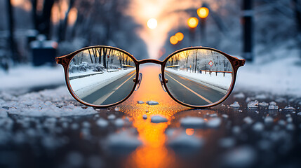 Glasses in winter conditions: snow, ice, frost, winter, cold, snowflakes, frames [created with generative AI technology]