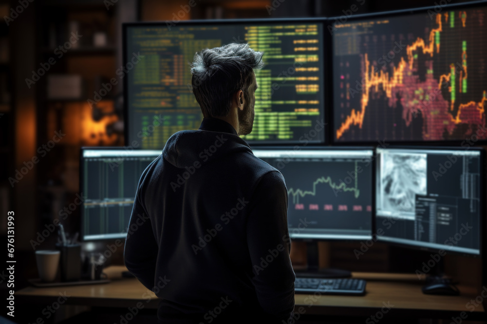 Poster a busy stock trader monitors multiple screens, capturing the intensity and precision required in the
