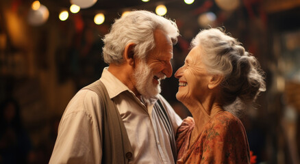 A jovial elderly couple from different parts of the world, hands held together, celebrate their lifelong love story, proving that love transcends borders. Generative Ai.