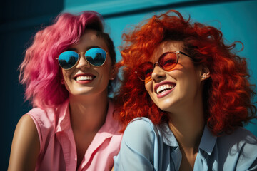 Fototapeta premium A pair of friends, one with vibrant red hair and the other with a striking shade of blue, capture a moment of shared laughter. Generative Ai.
