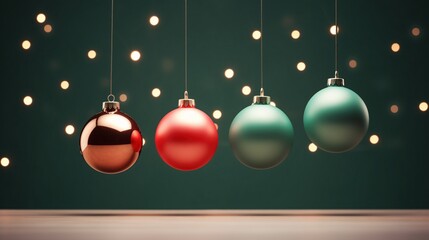 Christmas baubles hanging on a string with a minimal green background with lights, Xmas ornaments and decorations, holiday advertisement - season's greetings concept.