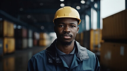 Portrait warehouse parcel delivery African black male staff worker happy working in port cargo shipping industry with safety suit. Work concept. Cargo concept. Shipping concept