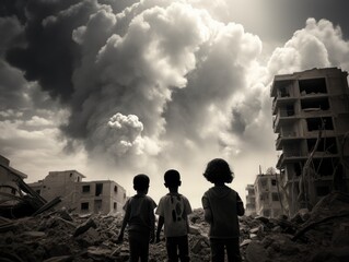 children walking in destroyed city with smoke of detonations in the distance. 