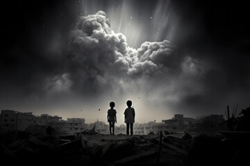 children walking in destroyed city with smoke of detonations in the distance.  - obrazy, fototapety, plakaty