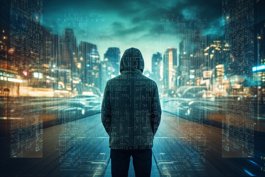 Double exposure image of an anonymous hacker in a hoodie in the night in the city of data. High quality photo