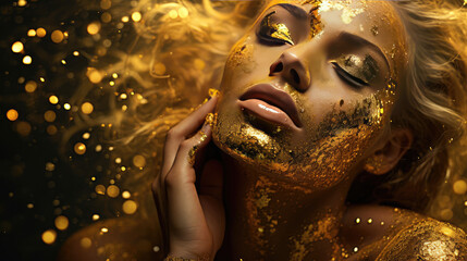 Close-up of a young female face in gold glitter cream glitter and gold sequins flying around. Decorative cosmetics for woman.  - obrazy, fototapety, plakaty