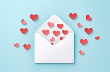 valentine's day love letter hearts around a white envelope on a light blue background, love concept