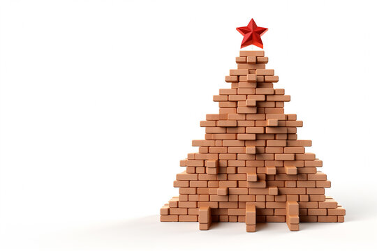 Construction of bricks in fir tree form on white background. Bricks in shape of Christmas tree with red star on backdrop with copy space. Empty template for greeting card or advertisement.