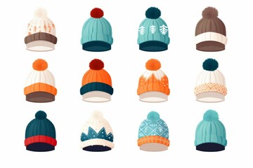 Beanie hat cap, mockup knit, winter clothes, wool fashion, cold style cartoon icons set illustrations - obrazy, fototapety, plakaty
