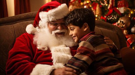 Obraz premium Children of different ethnicity meeting santa with a bokeh filled background 