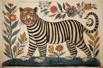 Traditional Madhubani style painting of a tiger on a textured background.