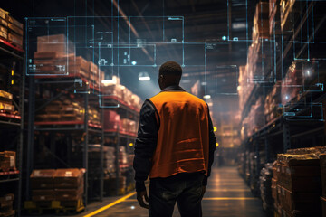 An efficient logistics manager oversees the smooth operation of a vast warehouse, illustrating the importance of supply chain management in business. Generative Ai. - obrazy, fototapety, plakaty