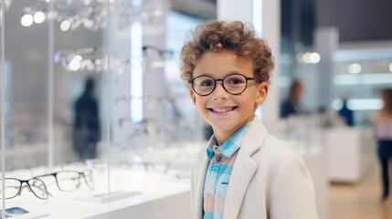 Smiling boy wearing glasses stands in an optical store near showcase with glasses. Vision correction, glasses store visually impaired children. 