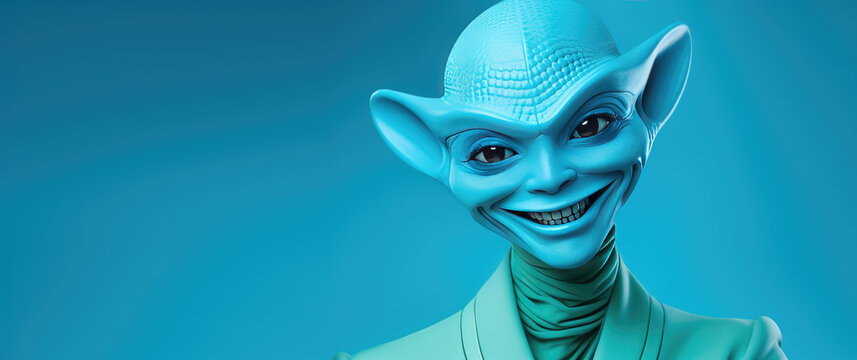Portrait of funny 3d realistic humanoid alien face isolated on flat color background with copy space for text, banner. 