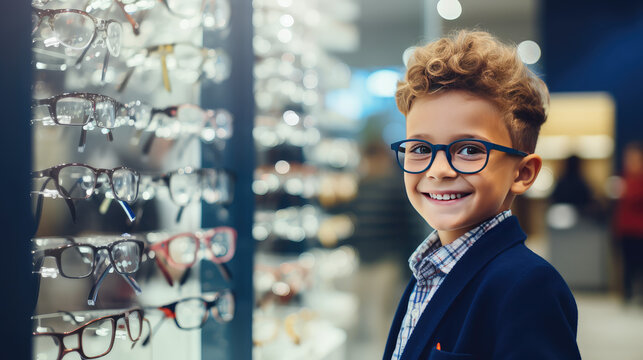 Smiling boy wearing glasses stands in an optical store near showcase with glasses. Vision correction, glasses store visually impaired children. 