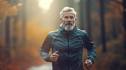 Obraz premium Old man jogging in the morning, health care, hobbies retirement.