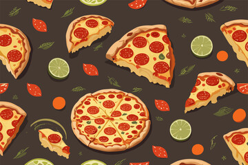 Vector pattern with slices of round pizza
with sausage, herbs, mayonnaise, cheese and tomatoes
on a black background.
