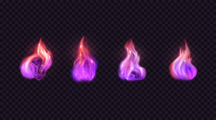 Magic glowing flames. Set of vector design elements. Realistic shining purple fire isolated on transparent backdrop