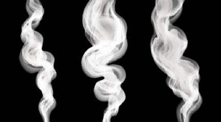 Vector cloudy smoke. Set of design elements. White wavy steam isolated on black background