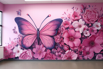 A cancer awareness mural painted on a hospital wall, combining art and education to promote early detection and prevention. Generative Ai.