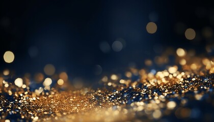 Black and gold particle abstract background with golden light shine particles bokeh on navy blue.