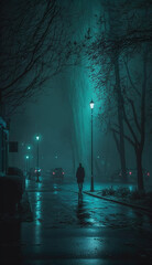 person in the night, Dark aesthetic, blue and green, fog, neblina, neon lights, vibe, beautiful, dramatic, generative ai