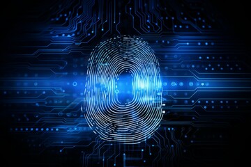 Blue background fingerprint indentification to access personal financial data. Idea for electronic know your customer, biometrics security, innovation technology against digital cyber crime - obrazy, fototapety, plakaty