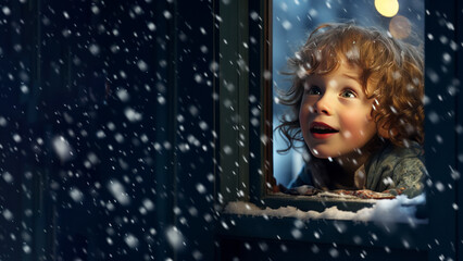 A child with a captivating happy face looking wonder-filled the snow fall through the window. Joy and happiness during the December holidays.