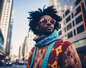 Portrait of afro American man in a trendy vintage hipster casual sweater. Colorful hippie style of fashion. Background is downtown