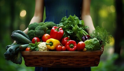 Fototapeta premium Farmer proudly displaying a box of freshly picked vegetables against sunny farm backdrop