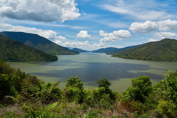 Panoramic view of Pelorus Sound with mountain ranges in New Zealand