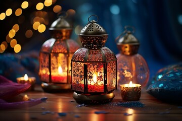 Fototapeta na wymiar Vibrant Ramadan Lanterns. Intricate Designs, Colors, and Joyful Anticipation for the Month Ahead