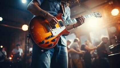 Live music band performing on stage with blurry background, high quality image for recording studio.